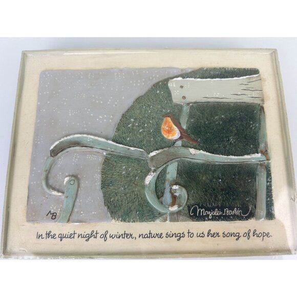 VTG Marjolein Bastin Easeled Heavy Art Plaque Bird Winter Bench Song of Hope NEW - Picture 3 of 8